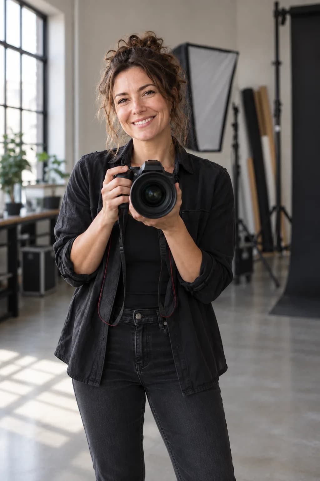 Smiling photographer holding a camera toward the viewer in her studio